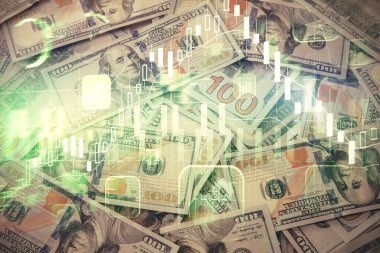 Forx grafiğinin çok sayıda görüntüsü bize dolar banknotları arka planında görünüyor. Finansal başarı piyasası kavramı.