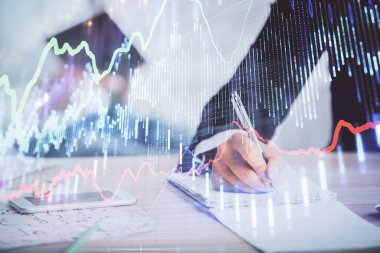 Ön x çizelgesinin arka plan notları alan insanların üzerini çizerken çift pozlama. Mali analiz kavramı