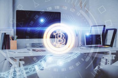 Kripto teknolojisi temalı çizim ve ofis içi arka planına çifte maruz kalma. Engelleme zinciri kavramı.