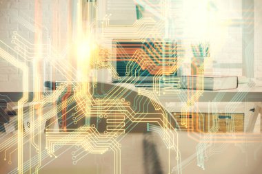 Dünya haritası çizimine ve ofis iç planına çoklu pozlama. Uluslararası ağ kavramı.