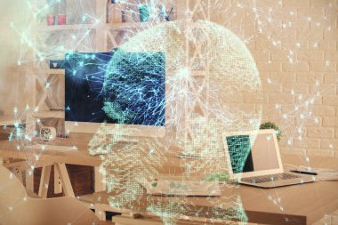 Beyin çizimine ve ofis içi arka planına çoklu maruz kalma. Veri teknolojisi kavramı.