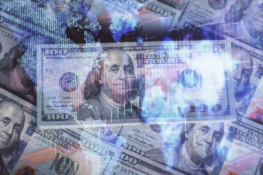 Forx grafiğinin çok sayıda görüntüsü bize dolar banknotları arka planında görünüyor. Finansal başarı piyasası kavramı.