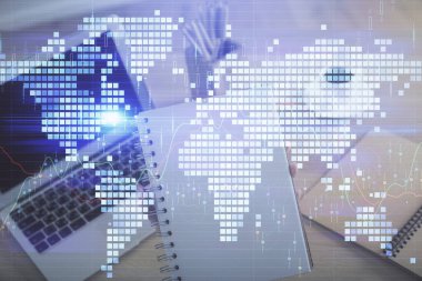 Kadın elinin bilgisayar ve iş temalı hologram çizimlerinde çok fazla pozlanması. Başarı konsepti.