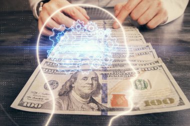 Beynin holograma maruz kalması, bize dolar banknotları ve insan eli çizmesi. Ai yatırım konsepti