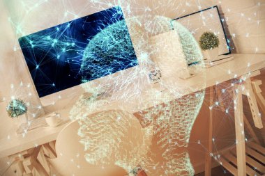 Beyin çizimine ve ofis içi arka planına çoklu maruz kalma. Veri teknolojisi kavramı.