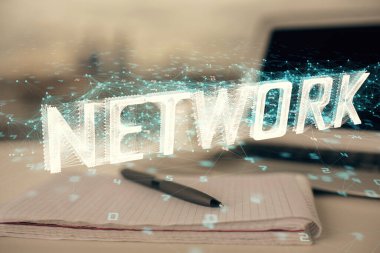 Veri temalı çizimlerin çoklu pozlanması ve açık defter arkaplanı olan masa. Eğitim kavramı