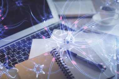 Masa arkasında kahve ve eşyalar olan iki kat nöron çizimi ve masaüstü görüntüsü. Eğitim kavramı