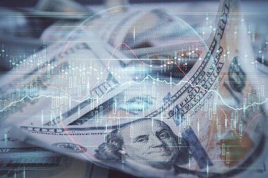 Önx grafiğinin arka plandaki dolarları iki katına çıkarması. Finans piyasası kavramı.