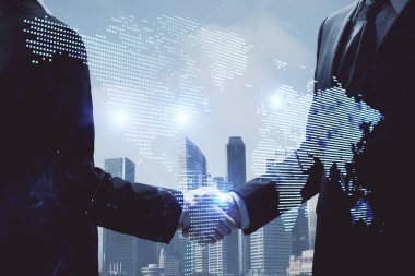 İki kişinin sosyal ağ temalı hologramı ve el sıkışması.