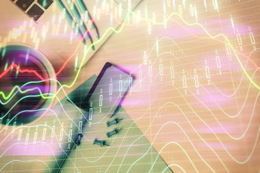 Bilgisayarla masaüstü arkaplanı üzerinde ön x grafik çizimi çift pozlama. Finansal analiz kavramı. Üst görünüm.