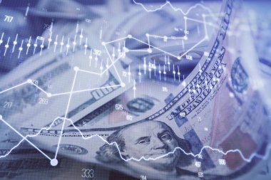 Önx grafiğinin arka plandaki dolarları iki katına çıkarması. Finans piyasası kavramı.