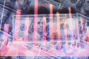 Forx grafiğinin çok sayıda görüntüsü bize dolar banknotları arka planında görünüyor. Finansal başarı piyasası kavramı.