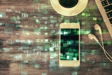 Çalışma masasının üzerine teknoloji teması çizimi çifte pozlama. Üst Manzara. Küresel veri analiz kavramı.