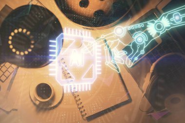 Çalışma masasının üzerine teknoloji teması çizimi çifte pozlama. Üst Manzara. Küresel veri analiz kavramı.