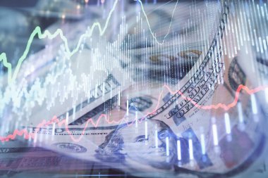 Önx grafiğinin arka plandaki dolarları iki katına çıkarması. Finans piyasası kavramı.