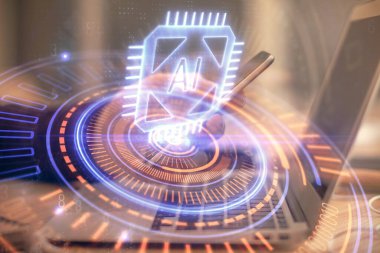 Dijital bir cihaz ve veri temalı çizim kullanarak erkeklerin el ele tutuşması. Yenilik kavramı.