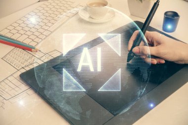 Teknolojiye çifte maruz kalma, hologram çizimi ve cep telefonu kullanan bir kadın. Ai kavramı