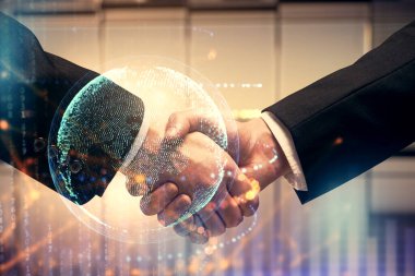 Dünya haritası hologramı ve iki adamın el sıkışması iki kez görüntülendi. Uluslararası ortaklık kavramı.