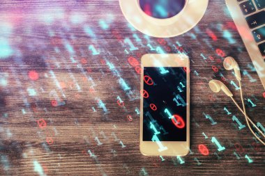 Çalışma masasının üzerine teknoloji teması çizimi çifte pozlama. Üst Manzara. Küresel veri analiz kavramı.