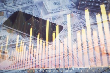 Önx grafiğinin arka plandaki dolarları iki katına çıkarması. Finans piyasası kavramı.