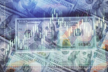 Forx grafiğinin çok sayıda görüntüsü bize dolar banknotları arka planında görünüyor. Finansal başarı piyasası kavramı.