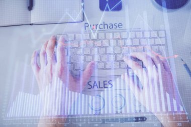 Dizüstü bilgisayar klavyesini ve ön x çizim hologramını yazarken çift pozlama. Üst Manzara. Finans piyasası kavramı.