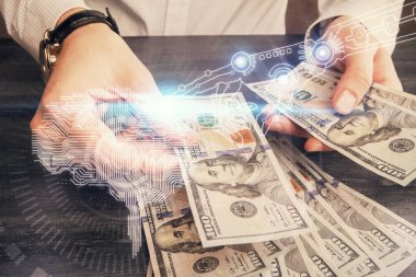 Beynin holograma maruz kalması, bize dolar banknotları ve insan eli çizmesi. Ai yatırım konsepti