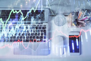 Bilgisayarla önx grafik arkaplanının çok açılımlı çizimi. Finansal analiz kavramı. Üst görünüm.