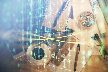 Veri teması çizimi ve ofis içi arka planına çifte maruz kalma. Teknoloji kavramı.