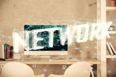 Veri teması çizimi ve ofis içi arka planına çoklu maruz kalma. Teknoloji kavramı.