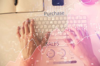 Dizüstü bilgisayar klavyesini ve ön x çizim hologramını yazarken çift pozlama. Üst Manzara. Finans piyasası kavramı.