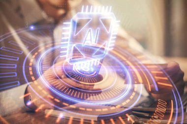 Dijital bir cihaz ve veri temalı çizim kullanarak erkeklerin el ele tutuşması. Yenilik kavramı.