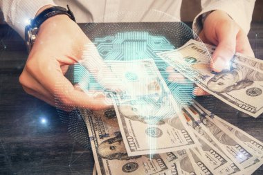 Beynin holograma maruz kalması, bize dolar banknotları ve insan eli çizmesi. Ai yatırım konsepti