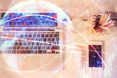 Bilgisayarla önx grafik arkaplanının çok açılımlı çizimi. Finansal analiz kavramı. Üst görünüm.