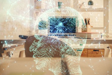 Beyin çizimine ve ofis içi arka planına çifte maruz kalma. Veri teknolojisi kavramı.