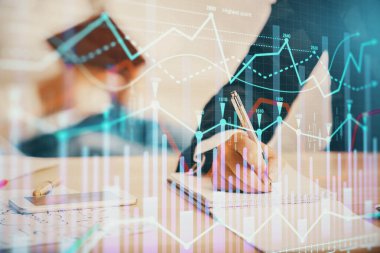 Ön x çizelgesinin arka plan notları alan insanların üzerini çizerken çift pozlama. Mali analiz kavramı