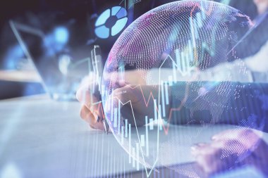 Ön x çizelgesinin arka plan notları alan insanların üzerini çizerken çift pozlama. Mali analiz kavramı