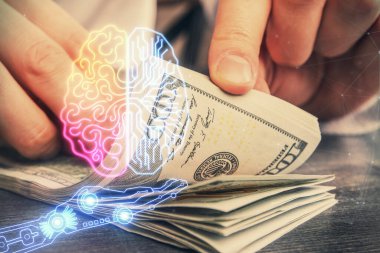 Beynin holograma maruz kalması, bize dolar banknotları ve insan eli çizmesi. Ai yatırım konsepti