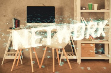 Veri teması çizimi ve ofis içi arka planına çoklu maruz kalma. Teknoloji kavramı.