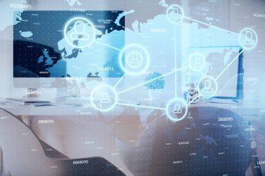 Sosyal ağ temalı çizim ve ofis içi arka planına çift pozlama. Ağ kavramı.