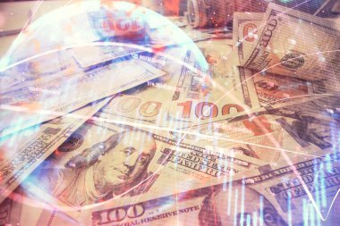 Forx grafiğinin çok sayıda görüntüsü bize dolar banknotları arka planında görünüyor. Finansal başarı piyasası kavramı.