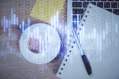 Bilgisayarla arka plan üzerine iki kat mali şema çizimi. Araştırma ve analiz kavramı. Üst görünüm.