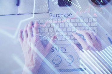 Dizüstü bilgisayar klavyesini ve ön x çizim hologramını yazarken çift pozlama. Üst Manzara. Finans piyasası kavramı.