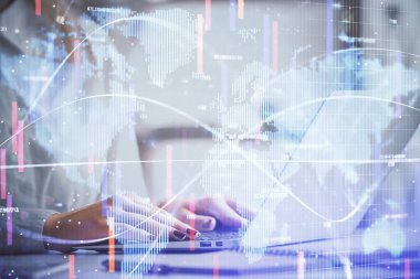 Kadın elinin bilgisayar ve iş temalı hologram çizimlerinde çok fazla pozlanması. Başarı konsepti.