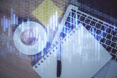 Bilgisayarla ön plan arkaplanını çizerken çift pozlama. Finansal araştırma ve analiz kavramı. Üst görünüm.