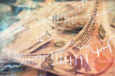 Önx grafiğinin arka plandaki dolarları iki katına çıkarması. Finans piyasası kavramı.