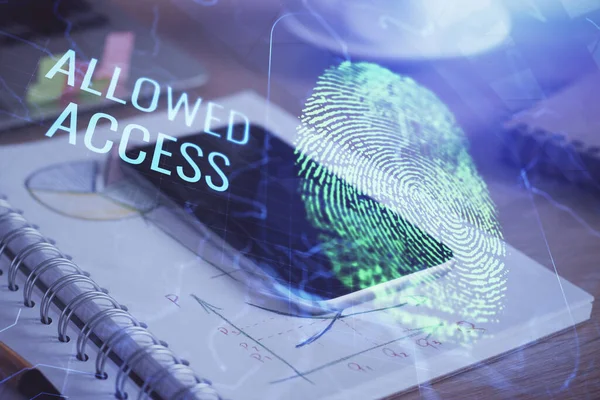 Double exposure of fingeprint drawing and cell phone background. Concept of mobile security