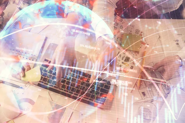 Multi exposure of man and woman working together and forex graph hologram drawing. Financial analysis concept. Computer background. Top View.