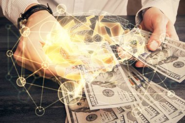 Beynin holograma maruz kalması, bize dolar banknotları ve insan eli çizmesi. Ai yatırım konsepti