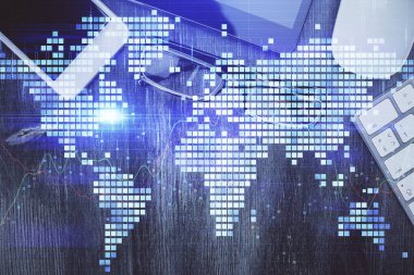 Masaüstü üzerinde telefon ile iş temalı hologramın çifte pozlandırılması. Üst Manzara. Mobil uluslararası ticaret bağlantısı kavramı.